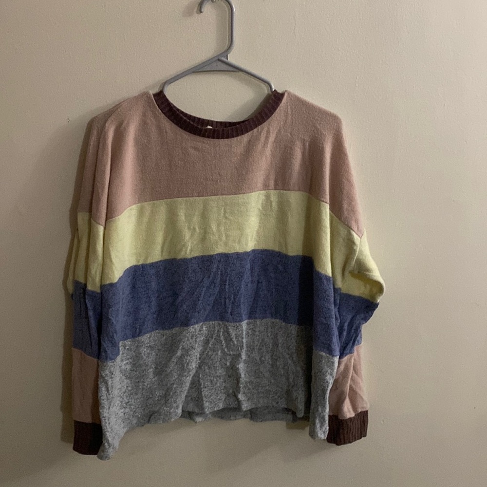 Brown, pink, yellow, blue, grey sweater
